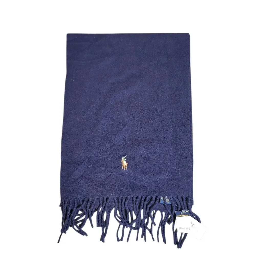 Polo Ralph Lauren Wool Scarf Navy Fringe Made in Italy 70” Embroidered Logo NWT